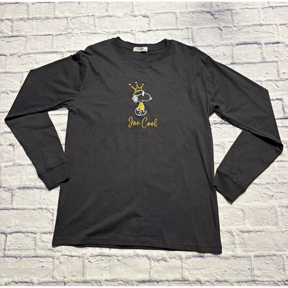 Peanuts Joe Cool Snoopy Gray Long Sleeve Crew Neck Embroidered Cotton T-Shirt L